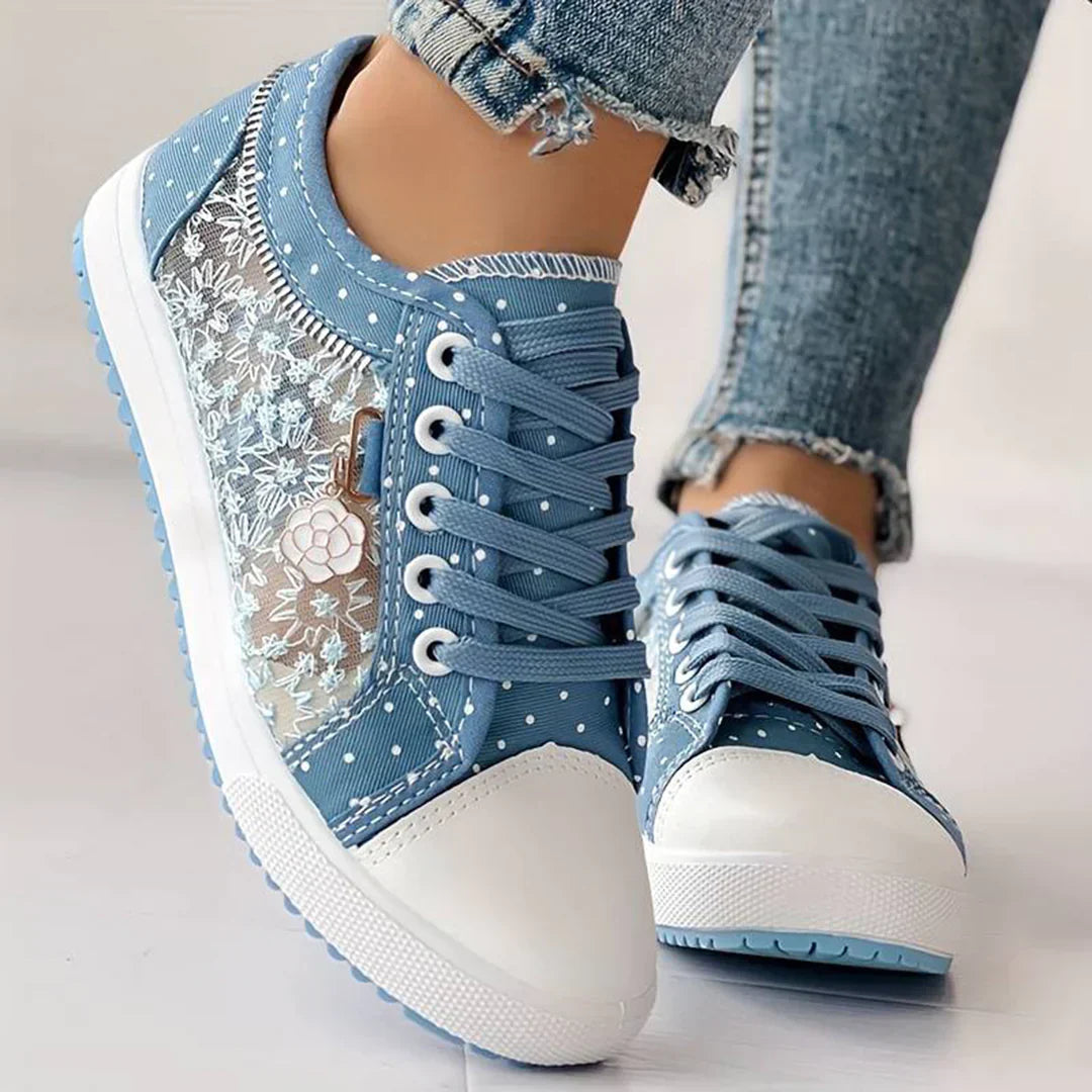 Women's Stylish White Daps with Blue Canvas and Floral Laces | Ideal for All Seasons
