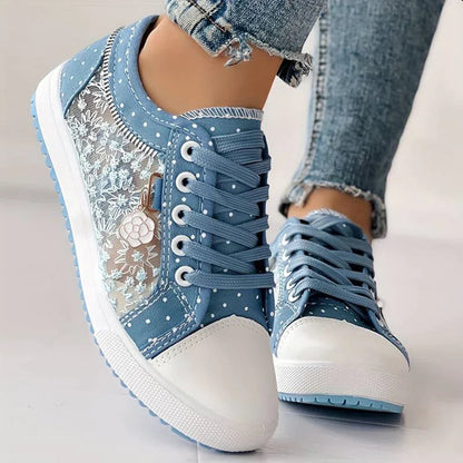 Women's Stylish White Daps with Blue Canvas and Floral Laces | Ideal for All Seasons