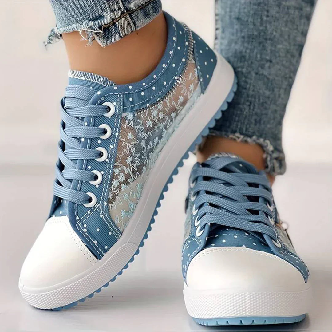Women's Stylish White Daps with Blue Canvas and Floral Laces | Ideal for All Seasons