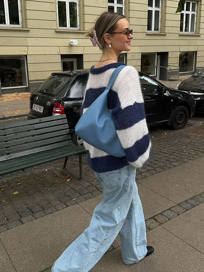 Blue And White Striped Knitted Pullovers Women Casual Long Sleeve Round Neck Sweater