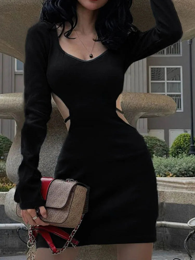 Spring Fashion Backless V Neck Lace Up Long Sleeve Women 2025 Cut Out Dress