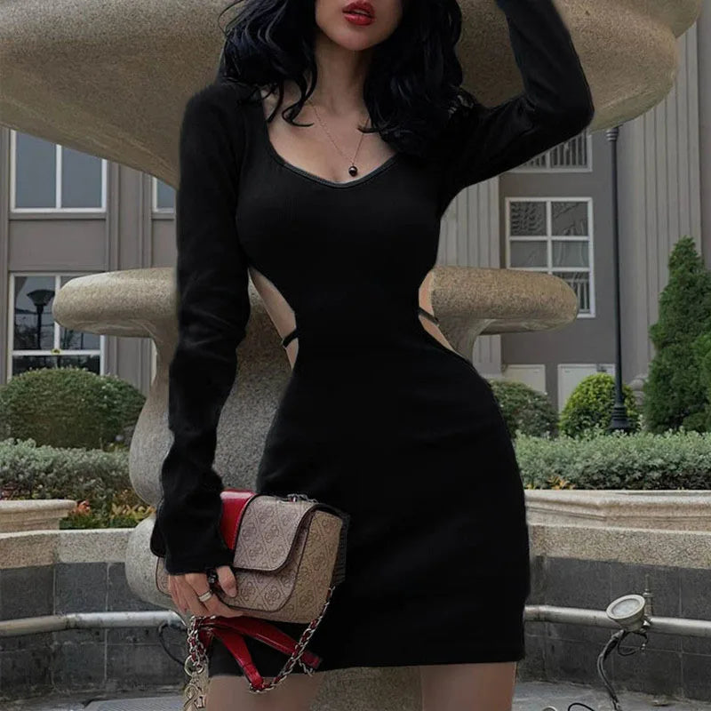Spring Fashion Backless V Neck Lace Up Long Sleeve Women 2025 Cut Out Dress