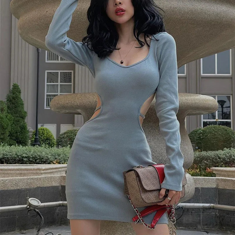 Spring Fashion Backless V Neck Lace Up Long Sleeve Women 2025 Cut Out Dress