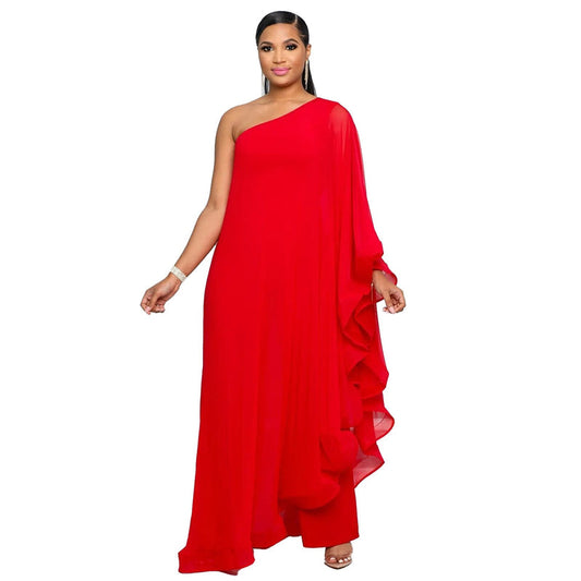 Vestido largo clásico de un solo hombro con volantes para mujer | Ideal para primavera/verano