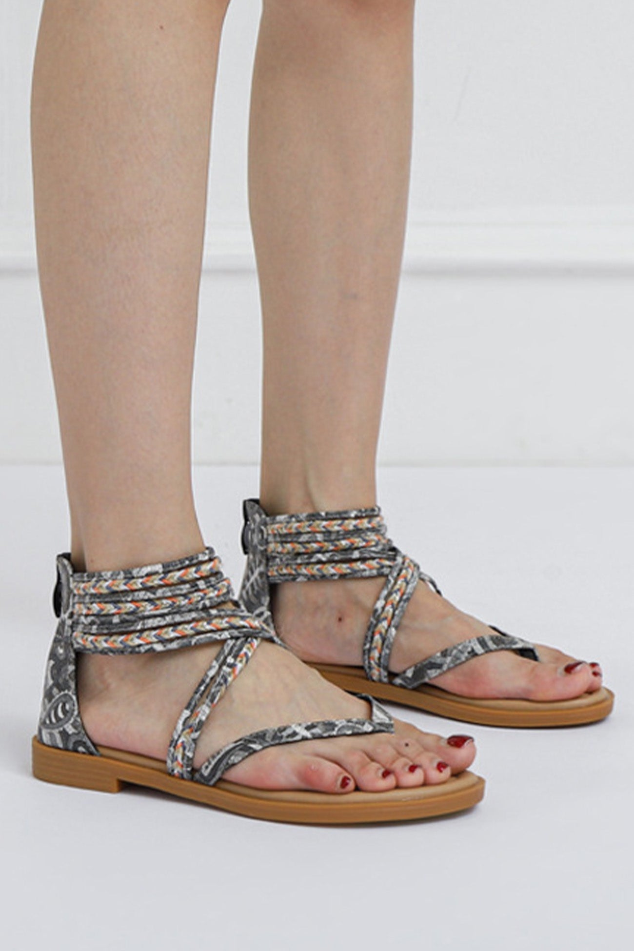 Bohemia Pattern Ankle Strap Zipper Thong Sandals