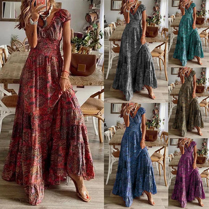 Bohemian Print Long Dresses Women V-neck Elastic Waist Short Sleeves Casual Vacation Style Dress Female Trendy Vintage Vestidos