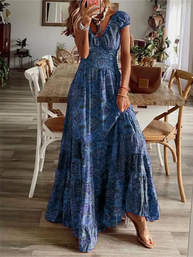 Bohemian Print Long Dresses Women V-neck Elastic Waist Short Sleeves Casual Vacation Style Dress Female Trendy Vintage Vestidos