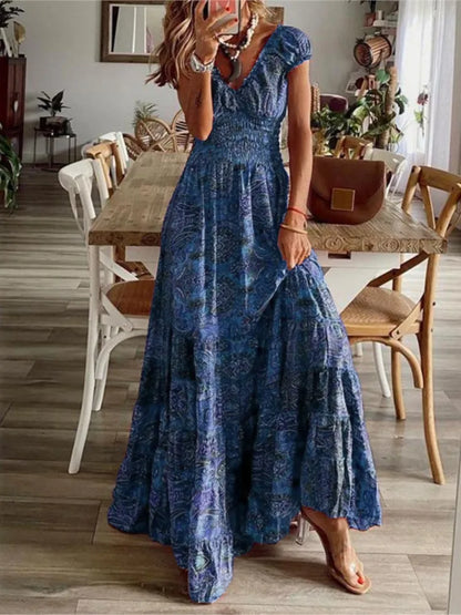 Bohemian Print Long Dresses Women V-neck Elastic Waist Short Sleeves Casual Vacation Style Dress Female Trendy Vintage Vestidos