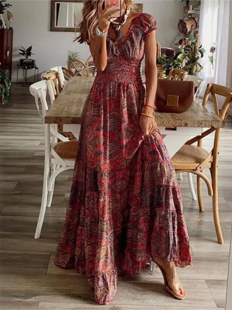 Bohemian Print Long Dresses Women V-neck Elastic Waist Short Sleeves Casual Vacation Style Dress Female Trendy Vintage Vestidos