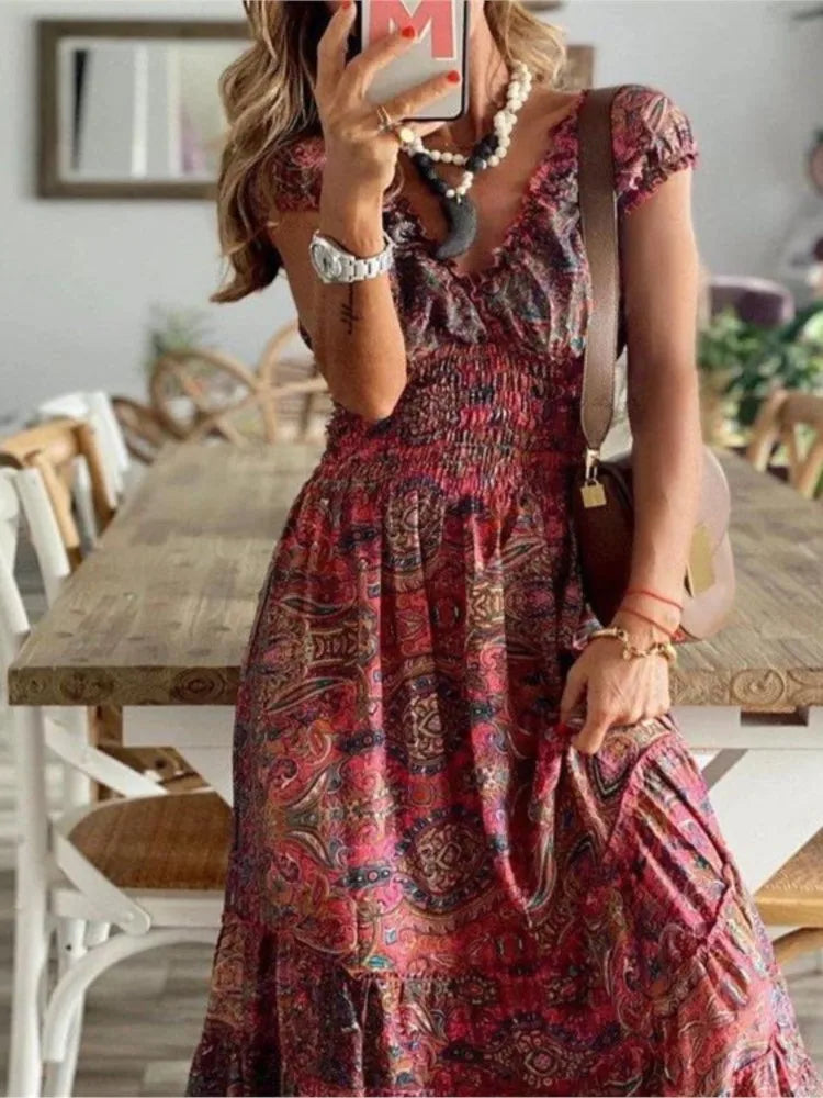 Bohemian Print Long Dresses Women V-neck Elastic Waist Short Sleeves Casual Vacation Style Dress Female Trendy Vintage Vestidos