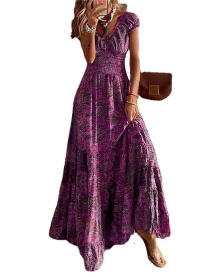 Bohemian Print Long Dresses Women V-neck Elastic Waist Short Sleeves Casual Vacation Style Dress Female Trendy Vintage Vestidos
