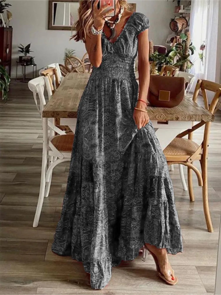 Bohemian Print Long Dresses Women V-neck Elastic Waist Short Sleeves Casual Vacation Style Dress Female Trendy Vintage Vestidos