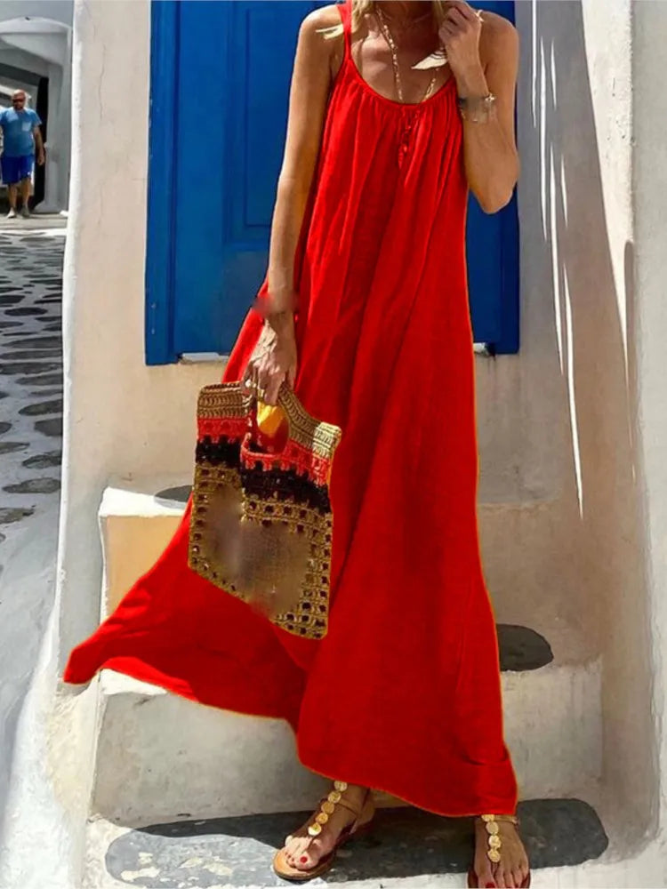 Bohemian Solid Color Spaghetti Strap Dresses Women Loose Sexy Backless Beach Vacation Long Dress Female Fashion Casual Vestidos