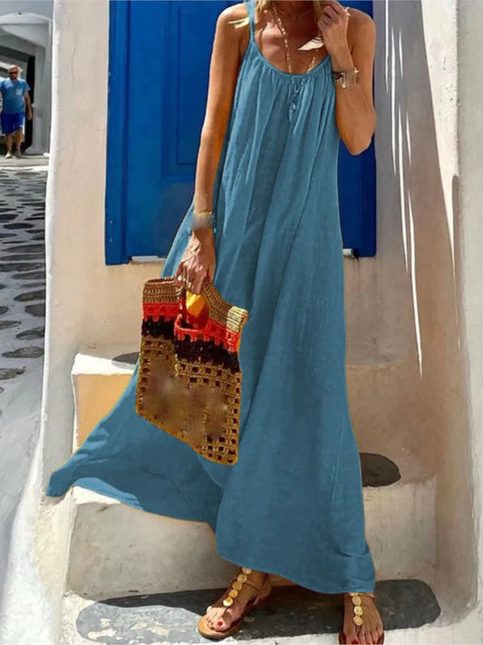 Bohemian Solid Color Spaghetti Strap Dresses Women Loose Sexy Backless Beach Vacation Long Dress Female Fashion Casual Vestidos