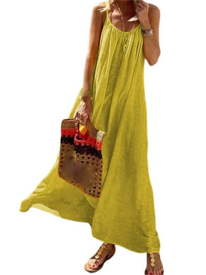 Bohemian Solid Color Spaghetti Strap Dresses Women Loose Sexy Backless Beach Vacation Long Dress Female Fashion Casual Vestidos