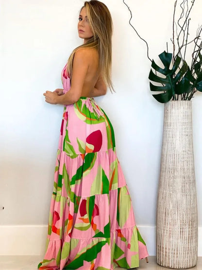 Bohemian Style Print Halter Neck Dresses Women Sexy V-neck Backless Vacation Beach Long Dress Casual Commuting Clothing Vestidos