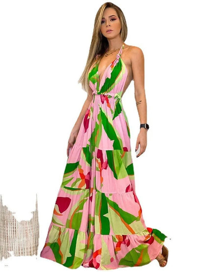 Bohemian Style Print Halter Neck Dresses Women Sexy V-neck Backless Vacation Beach Long Dress Casual Commuting Clothing Vestidos