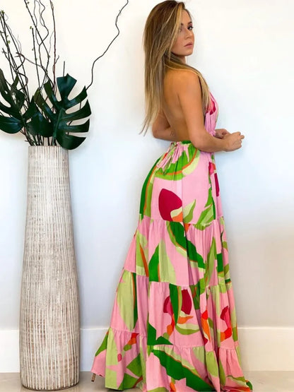 Bohemian Style Print Halter Neck Dresses Women Sexy V-neck Backless Vacation Beach Long Dress Casual Commuting Clothing Vestidos
