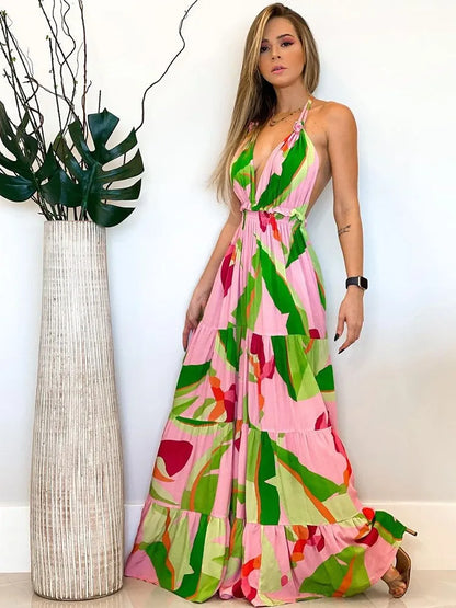 Bohemian Style Print Halter Neck Dresses Women Sexy V-neck Backless Vacation Beach Long Dress Casual Commuting Clothing Vestidos