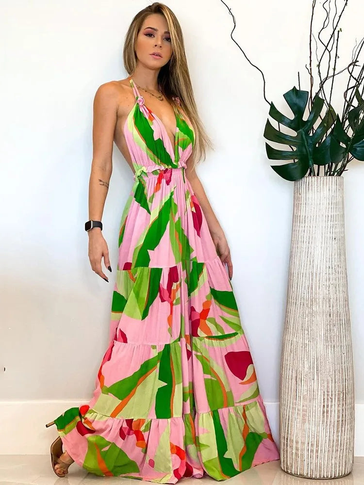 Bohemian Style Print Halter Neck Dresses Women Sexy V-neck Backless Vacation Beach Long Dress Casual Commuting Clothing Vestidos
