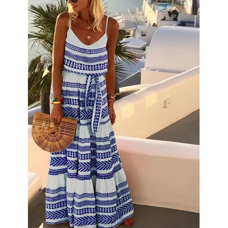 Bohemian Style Print Spaghetti Strap Long Dresses Women V-neck Leace-up Casual Beach Camisole Dress 2025 Summer New Lady Vestido