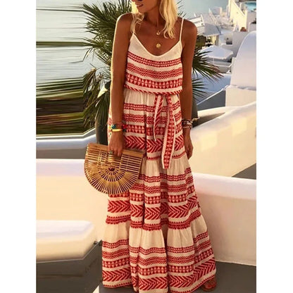 Bohemian Style Print Spaghetti Strap Long Dresses Women V-neck Leace-up Casual Beach Camisole Dress 2025 Summer New Lady Vestido