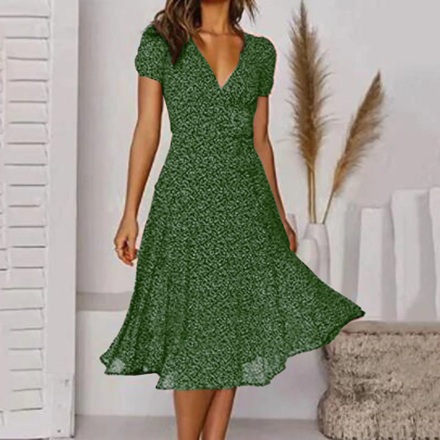 Bohemian Summer Women 2025 Short Sleeve V Neck Tie Waist A-Line Vacation For Women Fashion Holiday Sun Midi Dress