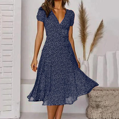 Bohemian Summer Women 2025 Short Sleeve V Neck Tie Waist A-Line Vacation For Women Fashion Holiday Sun Midi Dress