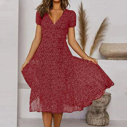 Bohemian Summer Women 2025 Short Sleeve V Neck Tie Waist A-Line Vacation For Women Fashion Holiday Sun Midi Dress