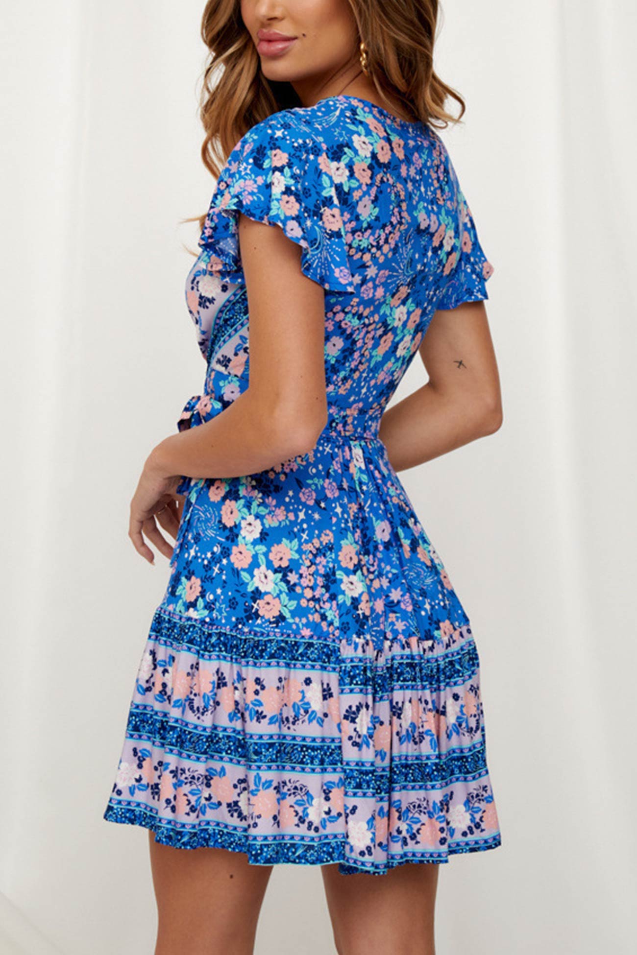 Bohemian V Neck Tie-waist Slit Mini Dress