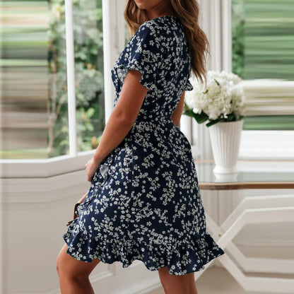 Boho Floral Print 2025 Summer Sexy V Neck Short Sleeve A Line Chiffon Beach Vacation Mini Dress