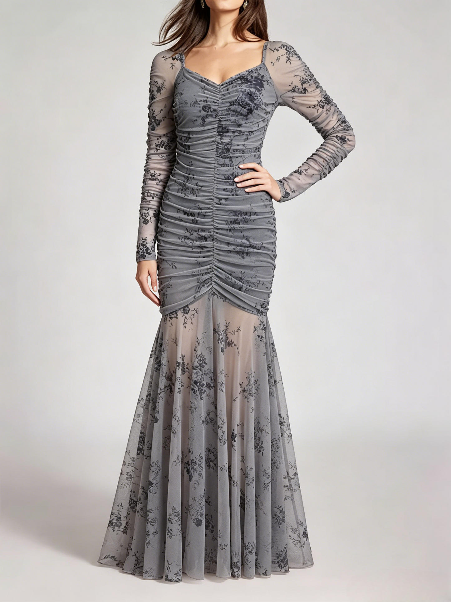 Party Dress Maxi Light Apricot Stand Collar Pleated Long Sleeves Printed Casual Dress