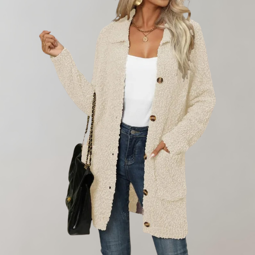 Elegante cárdigan largo de sherpa con bolsillos para mujer | Ideal para otoño/invierno