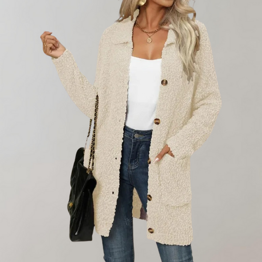 Elegante cárdigan largo de sherpa con bolsillos para mujer | Ideal para otoño/invierno