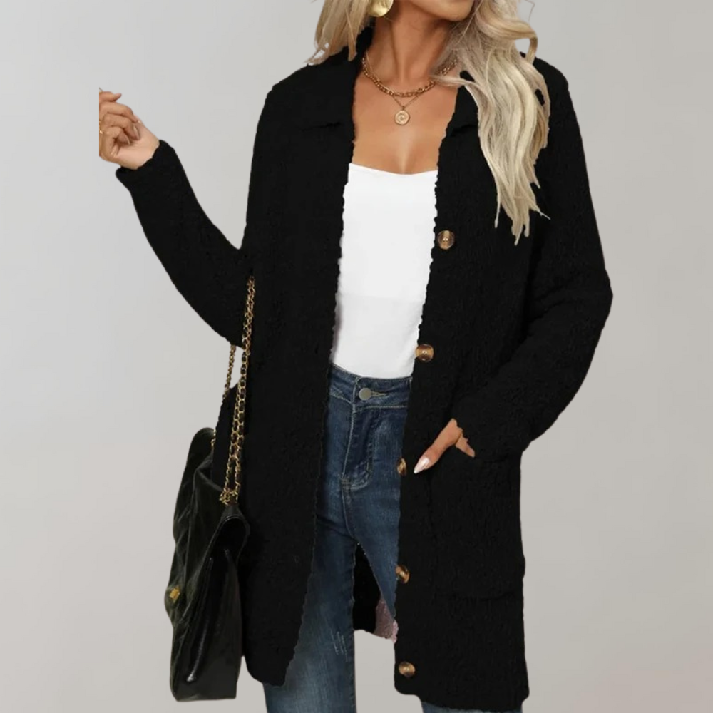 Elegante cárdigan largo de sherpa con bolsillos para mujer | Ideal para otoño/invierno