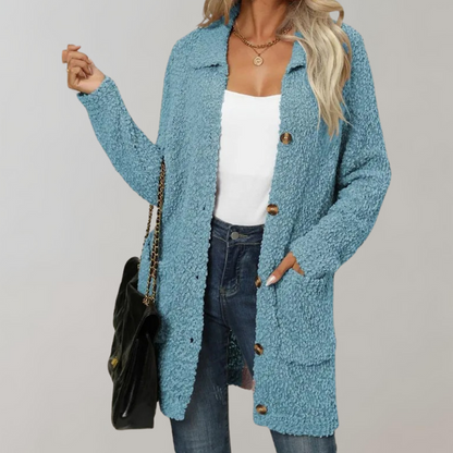Elegante cárdigan largo de sherpa con bolsillos para mujer | Ideal para otoño/invierno