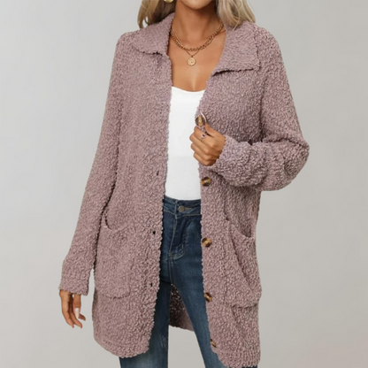 Elegante cárdigan largo de sherpa con bolsillos para mujer | Ideal para otoño/invierno
