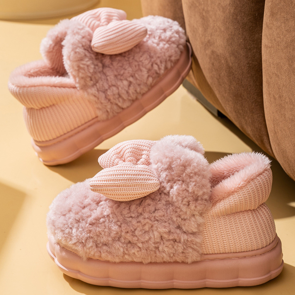 Pantuflas gruesas con lazo y forro de felpa para mujer | Uso diario