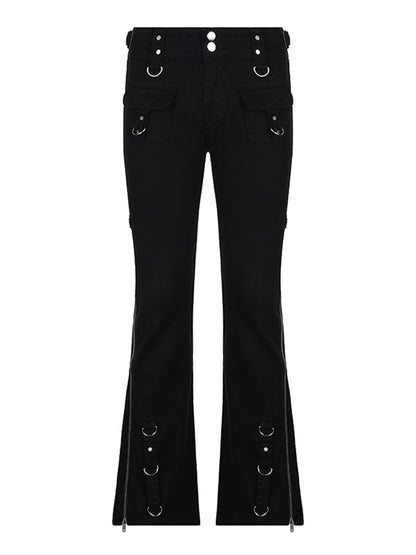 Zipper Design Low Waist Flare Cargo Jeans
