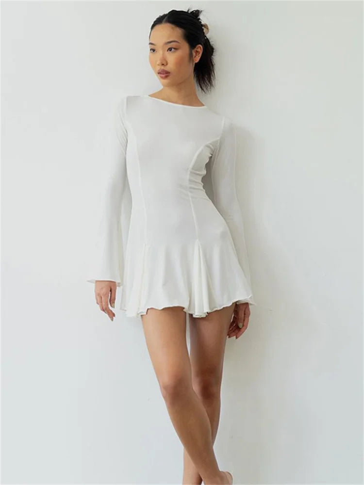 Tossy Ruffled Lace-Up Backless Mini Dress For Women Long Sleeve Bandage Elegant High Waist Long Sleeve Dress New Solid Clothes