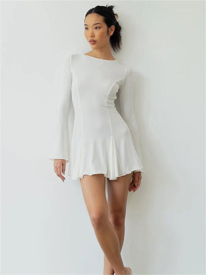Tossy Ruffled Lace-Up Backless Mini Dress For Women Long Sleeve Bandage Elegant High Waist Long Sleeve Dress New Solid Clothes
