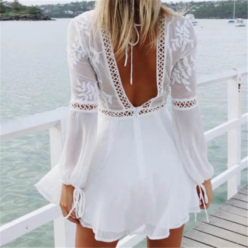FashionSierra - Elegant Boho Backless Long Sleeve Solid Mini Dress