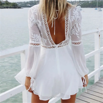 FashionSierra - Elegant Boho Backless Long Sleeve Solid Mini Dress