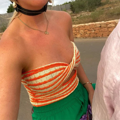 FashionSierra - 2025 Strapless Knitted Tube Top Vest Hollow Out Sleeveless Summer Autumn Backless Y2K Tank Vintage Fashion Crop Tops