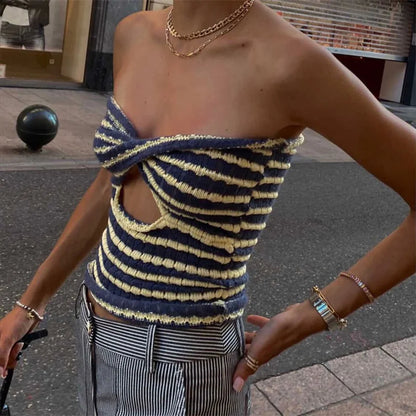 FashionSierra - 2025 Strapless Knitted Tube Top Vest Hollow Out Sleeveless Summer Autumn Backless Y2K Tank Vintage Fashion Crop Tops