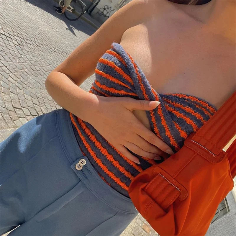 FashionSierra - 2025 Strapless Knitted Tube Top Vest Hollow Out Sleeveless Summer Autumn Backless Y2K Tank Vintage Fashion Crop Tops