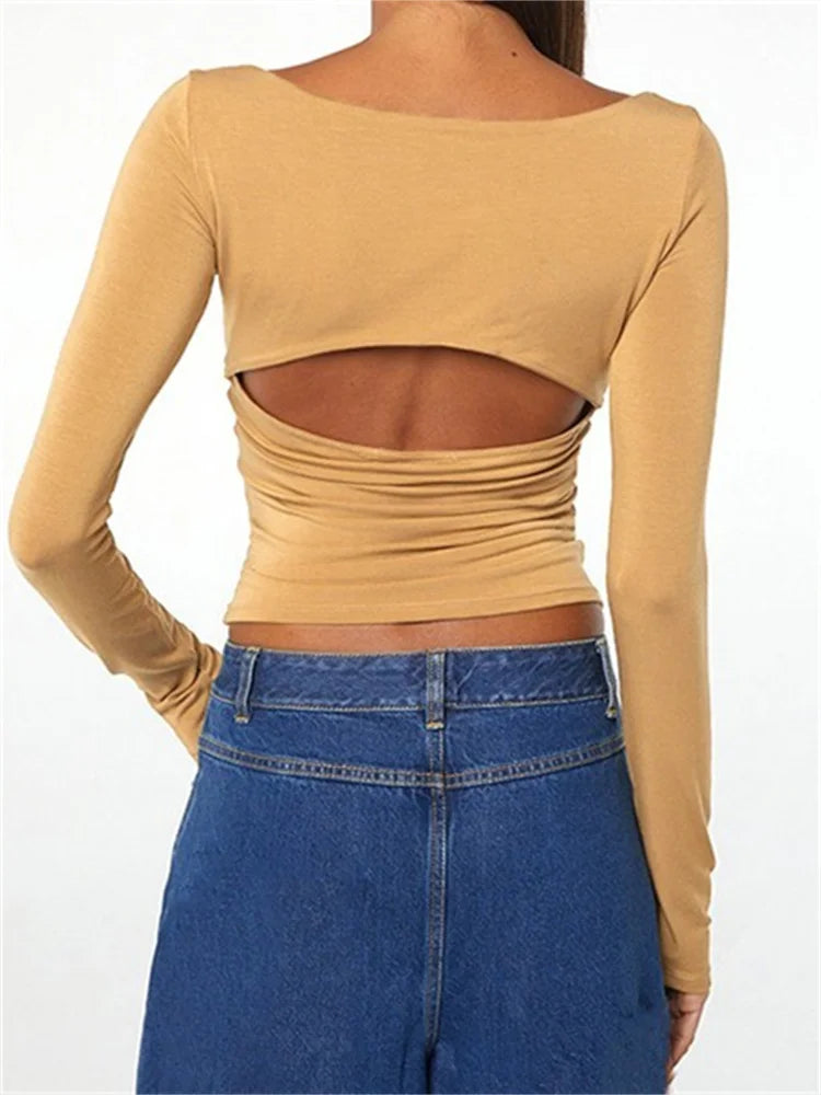 FashionSierra - Backless Deep V-neck Low Cut Chic Off Shoulder Long Sleeve Slim Fit Streetwear Tee