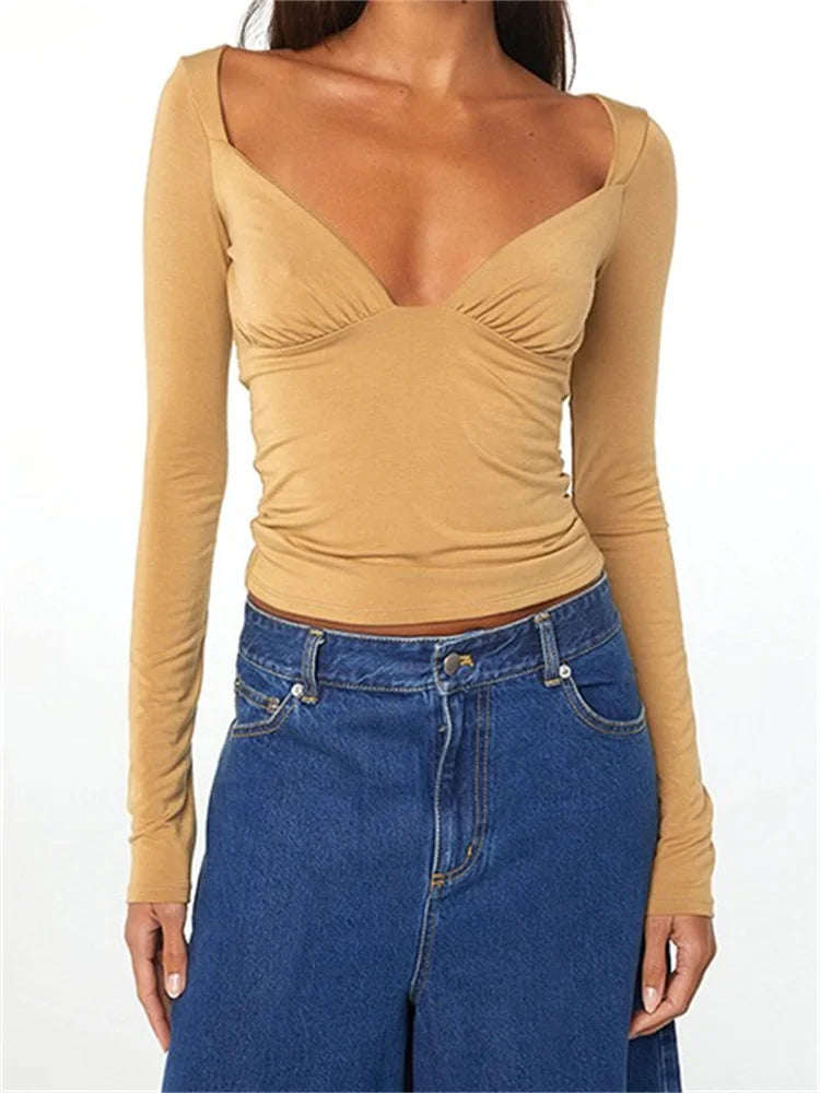 FashionSierra - Backless Deep V-neck Low Cut Chic Off Shoulder Long Sleeve Slim Fit Streetwear Tee