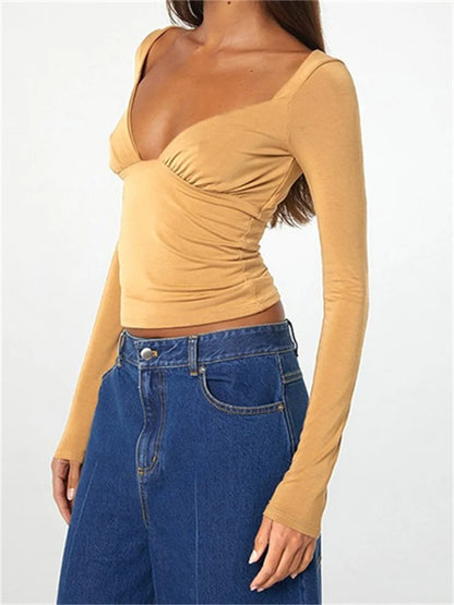 FashionSierra - Backless Deep V-neck Low Cut Chic Off Shoulder Long Sleeve Slim Fit Streetwear Tee