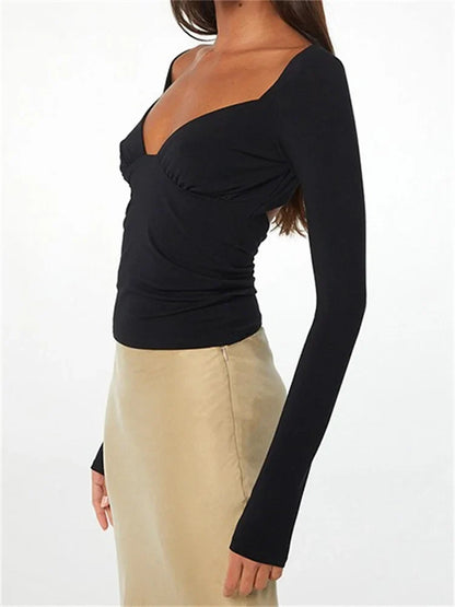 FashionSierra - Backless Deep V-neck Low Cut Chic Off Shoulder Long Sleeve Slim Fit Streetwear Tee